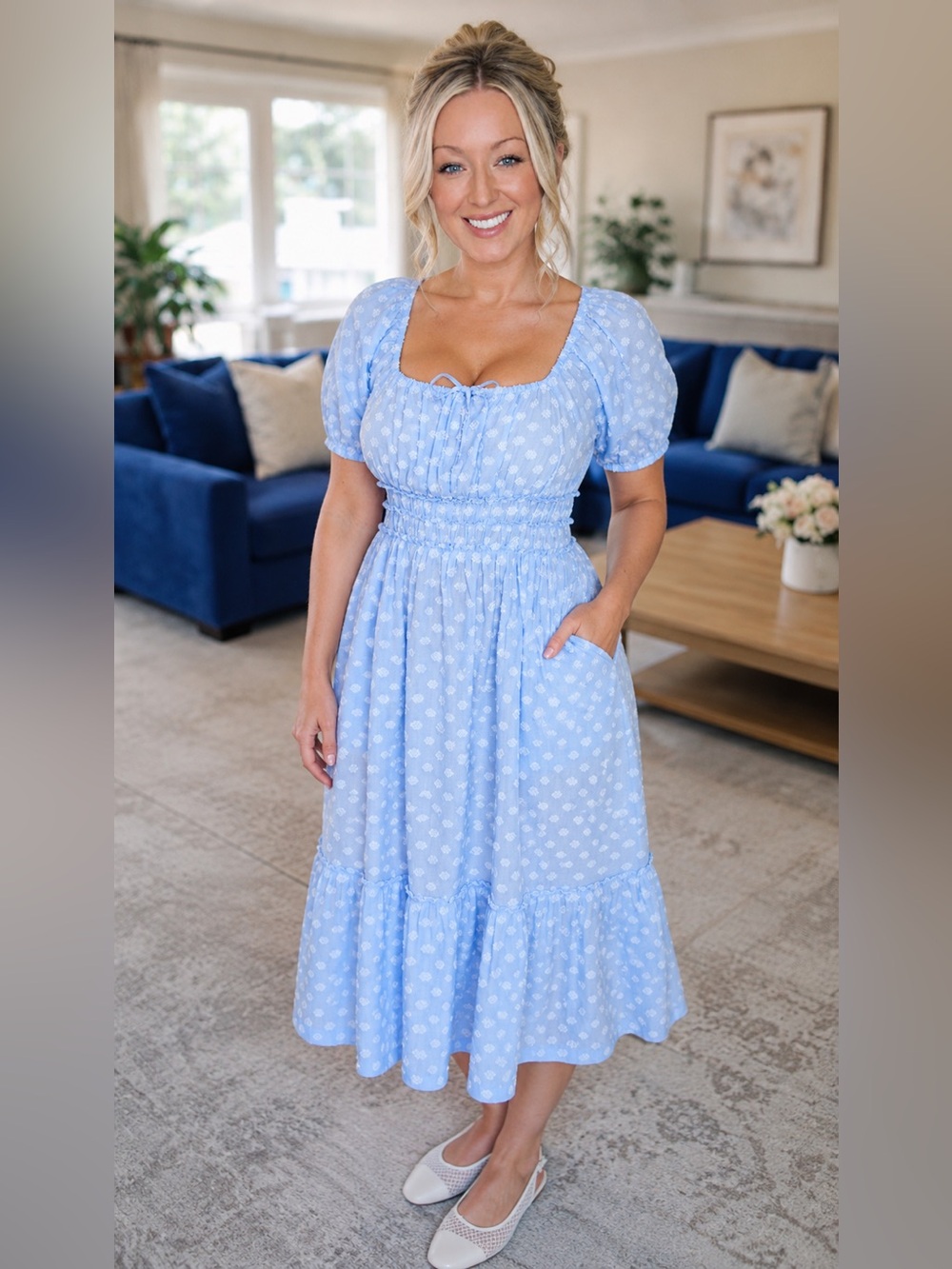 Light Blue Milkmaid Smocked Waist Cotton Midi Dress